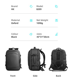 Black backpack shown from front, side, and back with zip pockets and straps