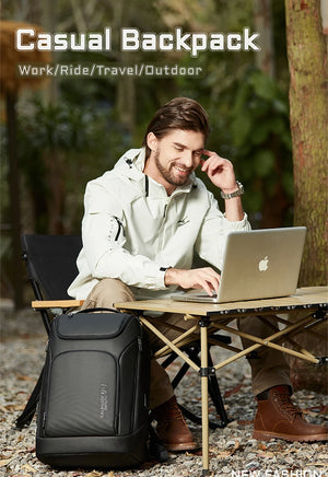 Black waterproof travel backpack on a person, front flap and zippered compartments