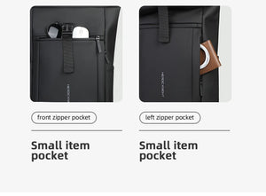 Black backpack front view with two small zipper item pockets