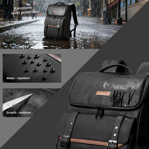 Black waterproof backpack with textured, water-repellent and scratch-resistant surface
