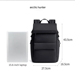 Black waterproof travel backpack with front pocket, flap closure, and top handle