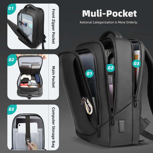 Waterproof multi-pocket travel backpack, black front and side compartments