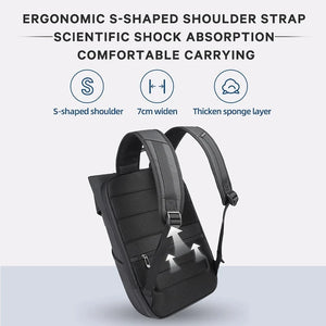 Ergonomic S-shaped cushioned shoulder strap on grey roll-top travel backpack