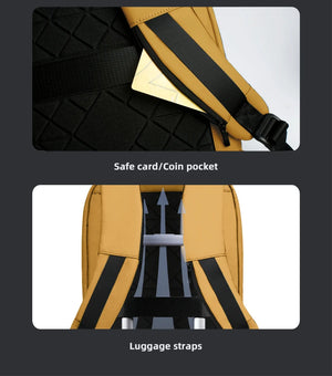 Compact backpack showing luggage straps and safe card/coin pocket on black and yellow