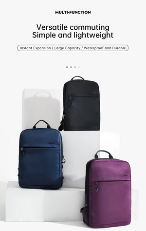TIGERNU B9013 expandable backpack shown in black, blue, and purple colors
