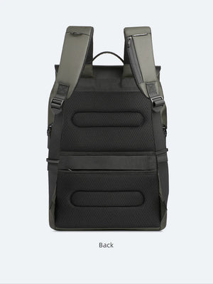 Waterproof travel backpack back view with padded harness straps and textured panel
