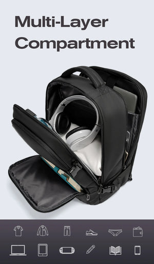 Black travel backpack open multi-layer compartments with laptop sleeve