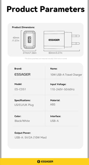 ESSAGER Mini 10W USB Charger Set with Fast Charge Adapter - White