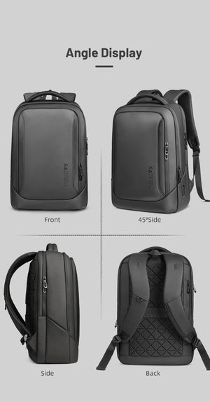 Black backpack shown from front, side, and back with zipper compartments