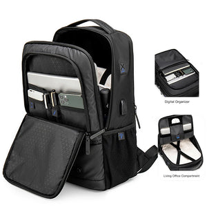 Black backpack opened to show a laptop sleeve and digital organizer compartments