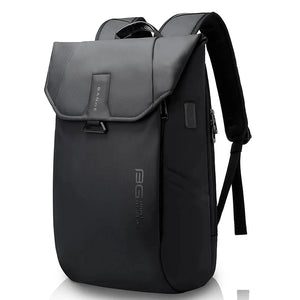 Grey roll-top waterproof travel backpack with front flap pocket and side handle
