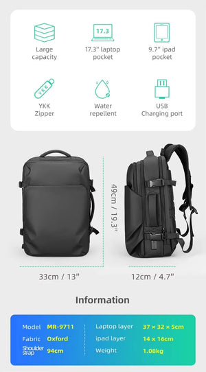 MARK RYDEN MR9711 Large Capacity Waterproof Travel Backpack with USB Charging Port