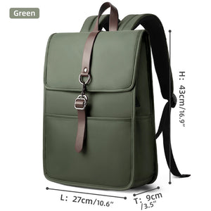 Green commuter backpack with top flap, front pocket panel, and crossbody shoulder strap