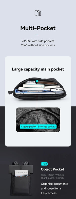 Roll-top travel backpack with multi-pocket layout, side pockets, and interior storage