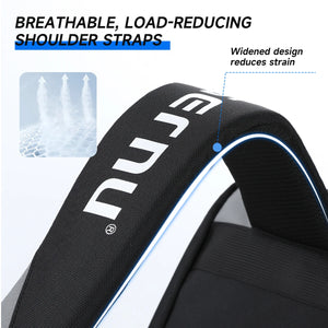 Black backpack shoulder straps with breathable, widened design for reduced load