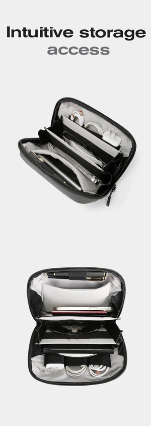 Black waterproof tech bag opened to show multiple storage slots and device pockets
