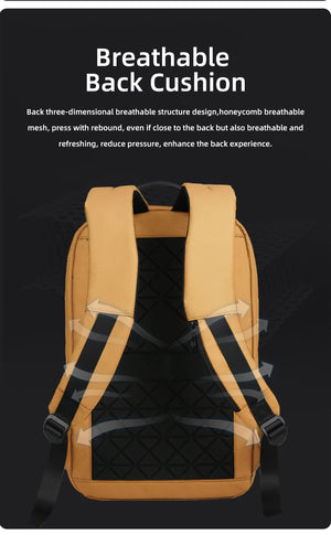 Yellow backpack back panel with breathable mesh padding and adjustable shoulder straps