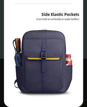 Navy commuter backpack with side elastic pockets for an umbrella or water bottle