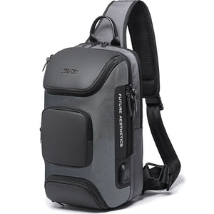 Grey waterproof crossbody bag with front zip pockets and top handle