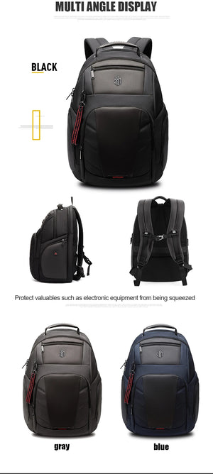 Black waterproof backpack shown from multiple angles with front organizer pocket