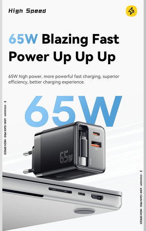 ESSAGER 65W GaN USB Charger with Retractable Cable and Power Delivery - Black