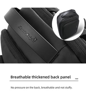 Black compact backpack back panel with breathable thick padding and logo patch