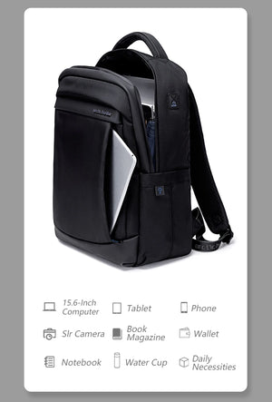 Black expandable travel backpack with front zip pocket, side compartments, and top handle