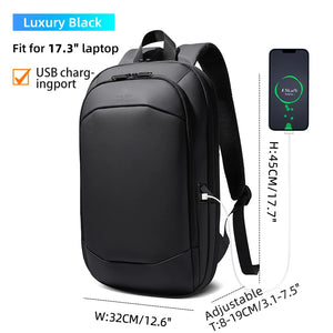 Black waterproof travel backpack with USB charging port, front pocket and shoulder straps