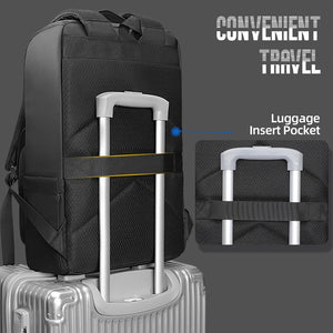 Black commuter backpack with luggage insert pocket and front organizer straps