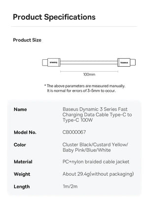 BASEUS Dynamic 3 Series 100W USB-C to USB-C Fast Charging Cable