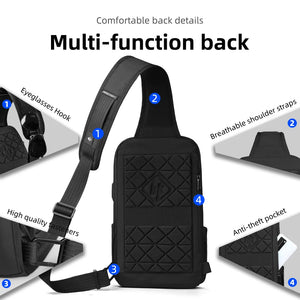 Black quilted chest crossbody bag with adjustable shoulder strap and zippered anti-theft pocket