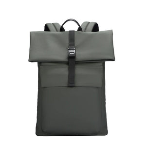 Green roll-top waterproof travel backpack with front pocket and adjustable buckle