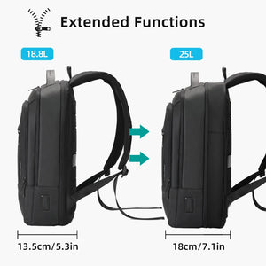 Black compact backpack with expandable back panel and adjustable shoulder straps