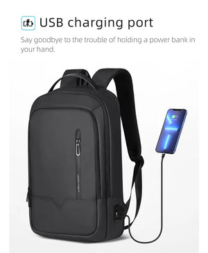 Black compact backpack with USB charging port and built-in charging cable
