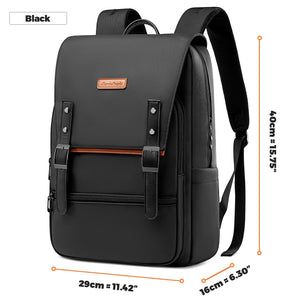 Black commuter backpack front view with adjustable shoulder straps and front buckle pockets