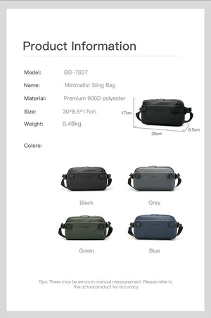 Crossbody bag product info page showing black, grey, green, and blue bag photos.