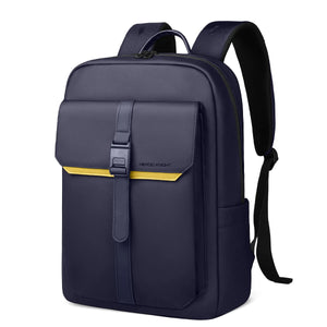 Navy waterproof commuter backpack with front buckle pocket and padded shoulder straps