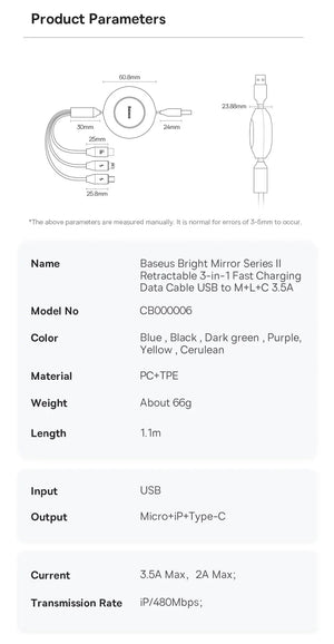 BASEUS Bright Mirror Series Retractable 3in1 Fast Charging Data Cable