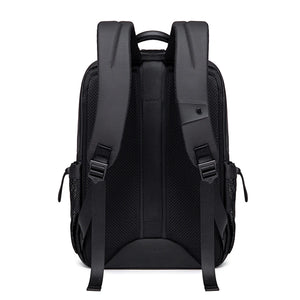 Black waterproof travel backpack with dual shoulder straps and top carry handle