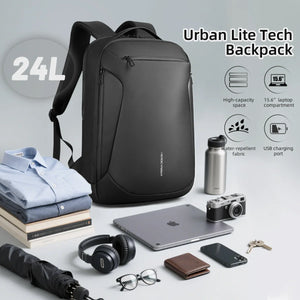Black large capacity backpack with front vertical zip and water-repellent fabric look