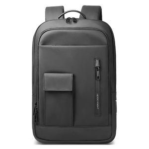 Lightweight waterproof compact backpack in black with front zip pocket and vertical side zipper.