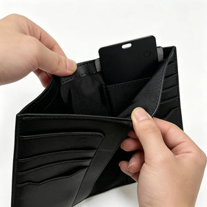 Black leather passport wallet open, showing card slots and inner ID pocket details
