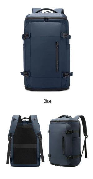 Blue business and travel backpack with front straps and side zipper pocket
