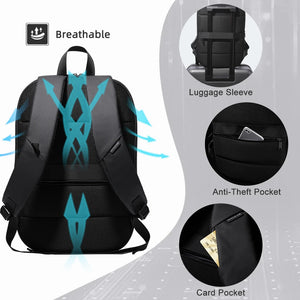 Black travel backpack with breathable back padding and adjustable shoulder straps