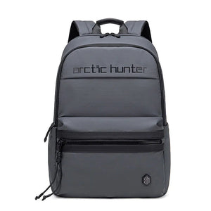 Gray backpack with 'arctic hunter' branding on a white background