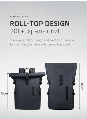 Black roll-top design waterproof travel backpack with adjustable expansion panel