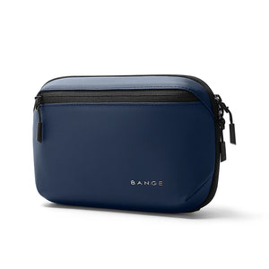 Blue waterproof tech storage bag, zippered top, compact minimalist hand bag