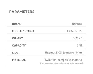 Black TIGERNU crossbody bag infographic with specs panel