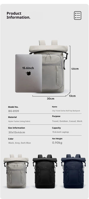 Product info sheet for expandable roll-top waterproof backpack in grey, black, and blue