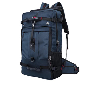 Blue waterproof hiking backpack with front pockets and adjustable shoulder straps